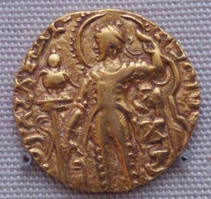 Samudragupta, the great Gupta ruler, with the 'veena' in front of the 'garuda' standard -the royal emblem was the bird 'garuda'